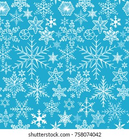 Christmas pattern with decorative snowflakes on blue background.