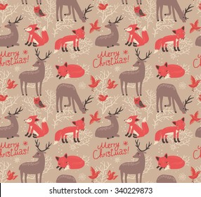 Christmas pattern with deer and foxes