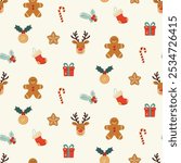 Christmas pattern with deer, gingerbread man, sweets, snowflakes, gifts on a light background. Seamless background perfect for use in textiles, wallpapers, and festive decorations.