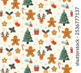 Christmas pattern with deer, gingerbread man, sweets, snowflakes, gifts on a light background. Seamless background perfect for use in textiles, wallpapers, and festive decorations.