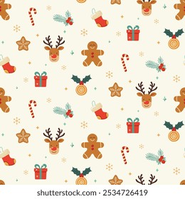 Christmas pattern with deer, gingerbread man, sweets, snowflakes, gifts on a light background. Seamless background perfect for use in textiles, wallpapers, and festive decorations.