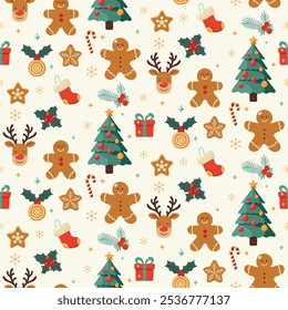 Christmas pattern with deer, gingerbread man, sweets, snowflakes, gifts on a light background. Seamless background perfect for use in textiles, wallpapers, and festive decorations.