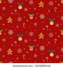 Christmas pattern with deer, gingerbread man, sweets, snowflakes on a red background. Seamless background perfect for use in textiles, wallpapers, and festive decorations.