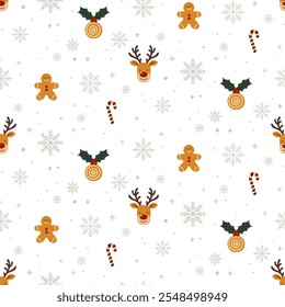 Christmas pattern with deer, gingerbread man, sweets, snowflakes on a white background. Seamless background perfect for use in textiles, wallpapers, and festive decorations.