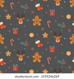 Christmas pattern with deer, gingerbread man, sweets, snowflakes on a dark background. Seamless background perfect for use in textiles, wallpapers, and festive decorations.