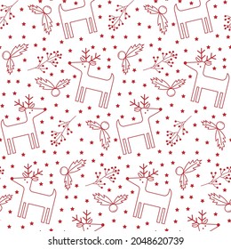Christmas pattern with deer, holly and branch with red berries. Outline illustration. For use in postcards, prints, flyers, invitations, covers, packaging and scrapbooking. Vector illustration