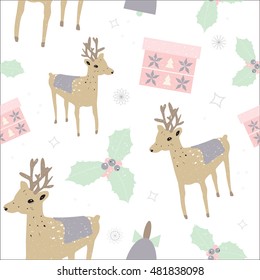 Christmas pattern with deer. Merry christmas and happy new year seamless pattern with reindeer silhouette and xmas elements. Ideal for greeting card, poster or web. EPS10 vector.