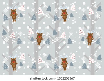Christmas pattern with deer on a gray background with snowflakes and Christmas trees