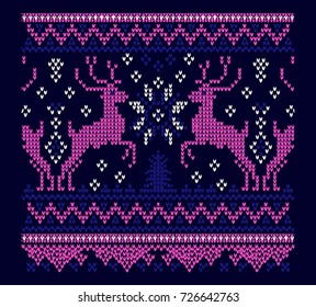 Christmas pattern with deer and ornament on a blue background. Vector illustration