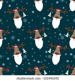 Christmas pattern. Deer with Santa beard. Snowflakes around deer