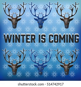 Christmas pattern with deer and snowflakes on a blue background. Vector illustration