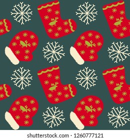 Christmas pattern with deer socks, mittens and snow on blue-green background