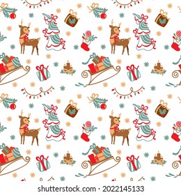 Christmas pattern, deer, christmas tree, sleigh, gifts, candles, christmas lights, seamless vector