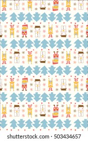 Christmas pattern with deer, tree, snowman and Santa Claus.