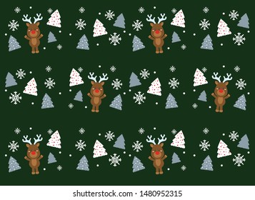 Christmas pattern with deer, Christmas trees and snowflakes on green background