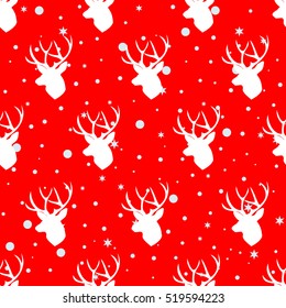 Christmas pattern with deers ans snowflake on red background