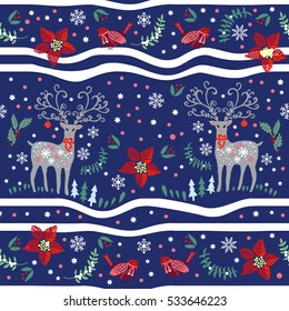 Christmas pattern with deers and birds. Hand drawing. Seamless for fabric design, gift wrapping paper and printing and web projects.