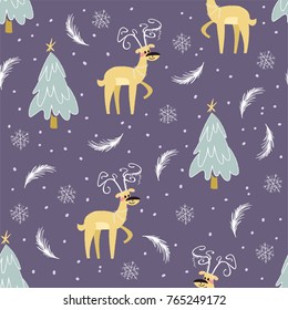 Christmas pattern with deers, fir trees and snowflakes decorations on purple background.