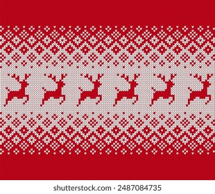 Christmas pattern with deers and geometrical ornament. Holiday fair traditional texture. Xmas seamless knit print. Knitted red sweater background. Wool pullover vector illustration.