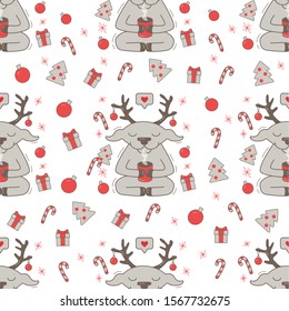 Christmas pattern with deers, gifts, toys and other Christmas attributes. Vector seamless pattern on a white background.