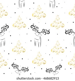 Christmas pattern with deers and gold Christmas tree.