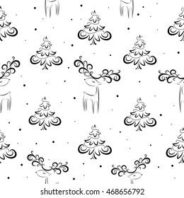 Christmas pattern with deers and Christmas tree.