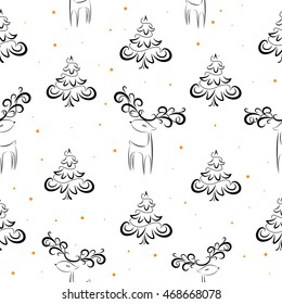 Christmas pattern with deers, Christmas tree and gold snow.