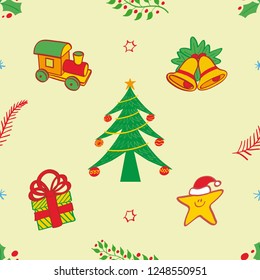 Christmas pattern depicting a toy train, bells, a Christmas tree with baubles, a Xmas present and a smiling star wearing Santa hat. Evergreen hollies, red berries and branches complete the pattern

