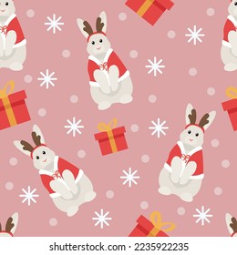 Christmas pattern for design with bunnies in Santa costumes and 