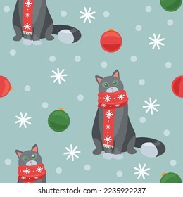 Christmas pattern for design with cats with scarfs and balls
