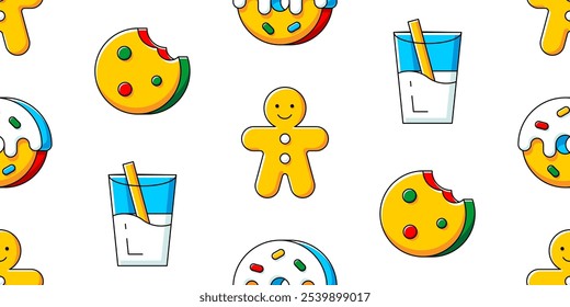 Christmas pattern. Design with Cookie, Gingerbread man, Glass of Milk, Donut. Outline icons collection. Holiday symbol