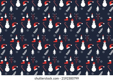 Christmas pattern design with dark background and snowmen. Christmas decoration pattern for wallpaper and book covers. Seamless pattern vector with candy canes, leaves, Santa hats, and snowflakes.