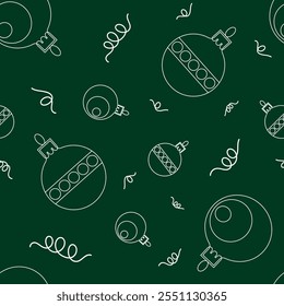 Christmas pattern. Design for decoration on christmas card, banner, wallpaper, textile. Christmas toys on dark green background. Christmas background.
