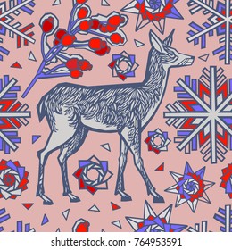 Christmas pattern design, deer and snowflakes.