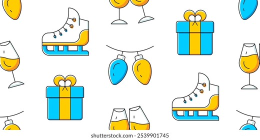 Christmas pattern. Design with lights bulbs, gift box, Clinking Glasses, Ice Skate. Outline icons collection. Holiday symbol