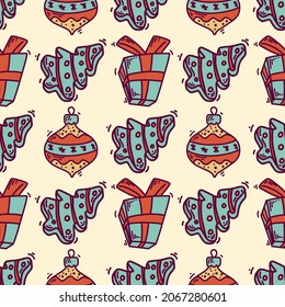 Christmas pattern design made with  cozy retro color palette, hand drawn cartoony elements of pine tree cookies, x-mas tree hangings and gift boxes.