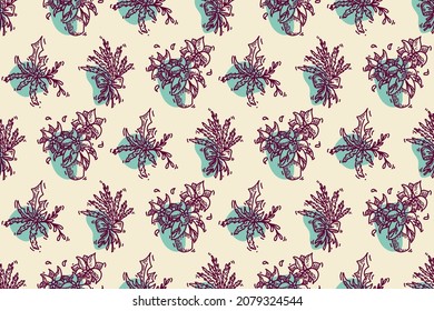 Christmas pattern design made with  cozy retro color palette, hand drawn cartoony elements of pine tree branches and poinsettia flowers.