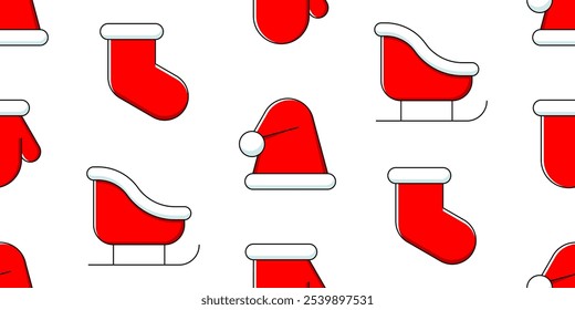 Christmas pattern. Design with Red Sock, Hat, Gloves, Sleigh. Outline icons collection. Holiday symbol