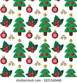 Christmas pattern. Design of a small Christmas tree, bells, holly and ball. Nice repeated design. Editable vector.