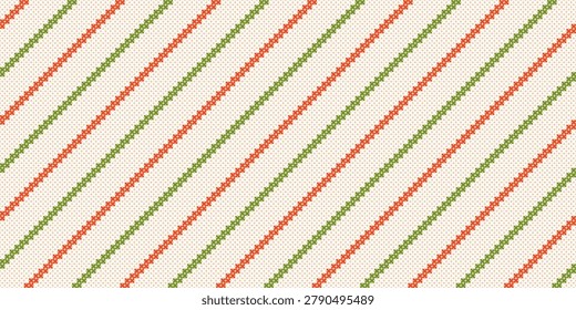 Christmas pattern with diagonal stripes, cross stitch embroidery seamless background. Cute simple vintage texture for Christmas decoration, beige wrapping paper with lines. Vector flat illustration