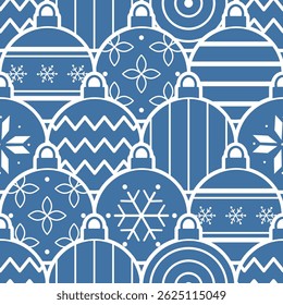 Patrón de Navidades con diferentes adornos de bolas de Navidad. Hermoso fondo geométrico sin fisuras. Feliz Navidades y feliz diseño de año Nuevo. Bolso de estilo plano de moda. Ilustración vectorial en Azul, Blanco