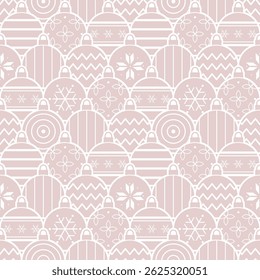 Christmas Pattern with Different Ghristmas Balls Ornaments. Beautiful Seamless Geometric Background. Merry Christmas, Happy New Year Design. Trendy Flat Style. Vector illustration in Pink, White