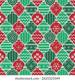Christmas Pattern with Different Ghristmas Balls Ornaments. Seamless Geometric Background. Merry Christmas, Happy New Year Design. Trendy Flat Style. Vector illustration in Red Green White
