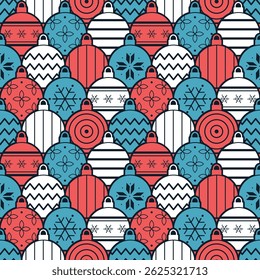 Christmas Pattern with Different Ghristmas Balls Ornaments. Seamless Geometric Background. Merry Christmas, Happy New Year Design. Trendy Flat Style. Vector illustration in Red Blue White Black