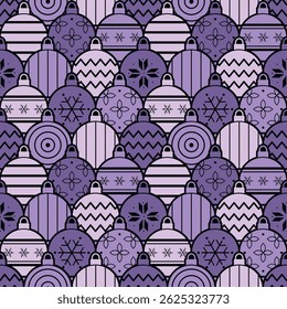 Christmas Pattern with Different Ghristmas Balls Ornaments. Seamless Geometric Background. Merry Christmas, Happy New Year Design. Trendy Flat Style. Vector illustration in Purple Black