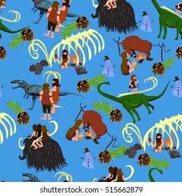 Christmas pattern with dinosaurs and primitive people.