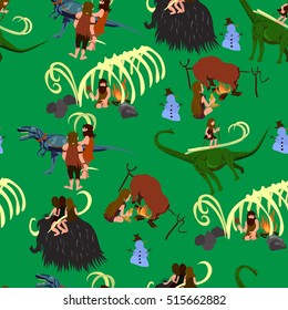 Christmas pattern with dinosaurs and primitive people.