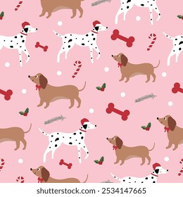 Patrón de Navidades con perros. Navidades perros. Patrón sin fisuras con perros lindos de dibujos animados con diferentes trajes de Navidades. Fondo divertido de Navidad. Gráficos de Vector