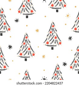 Christmas pattern with doodle abstract christmas trees. Seamless vector illustration. Wrapping paper design.