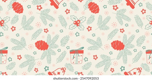 Christmas pattern in doodle style. The seamless pattern consists of cones, holly, gifts, bells and fir branches. Calm vector drawing of pastel tones for wrapping paper, wallpaper, background.